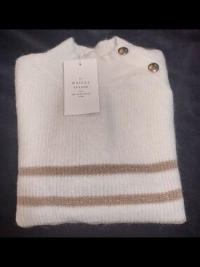 Sezane Cream Crewneck Sweater with Metallic Tan Stripes